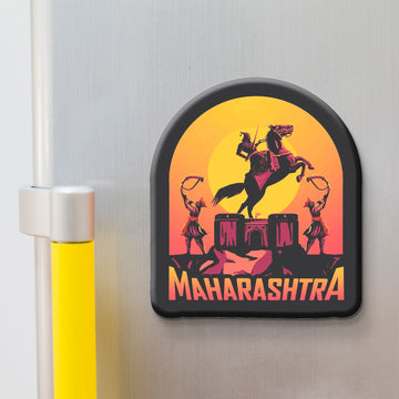 Fridge magnet with a design of a Chatrapati Shivaji Maharaj, two guards, and the word 'Maharashtra' on a yellow and orange background.