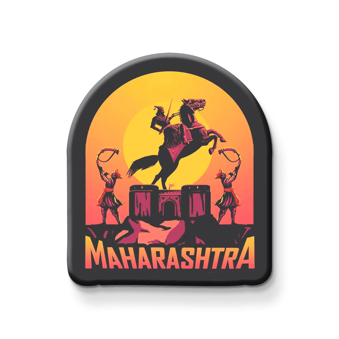Fridge magnet with a design of a Chatrapati Shivaji Maharaj, two guards, and the word 'Maharashtra' on a yellow and orange background.