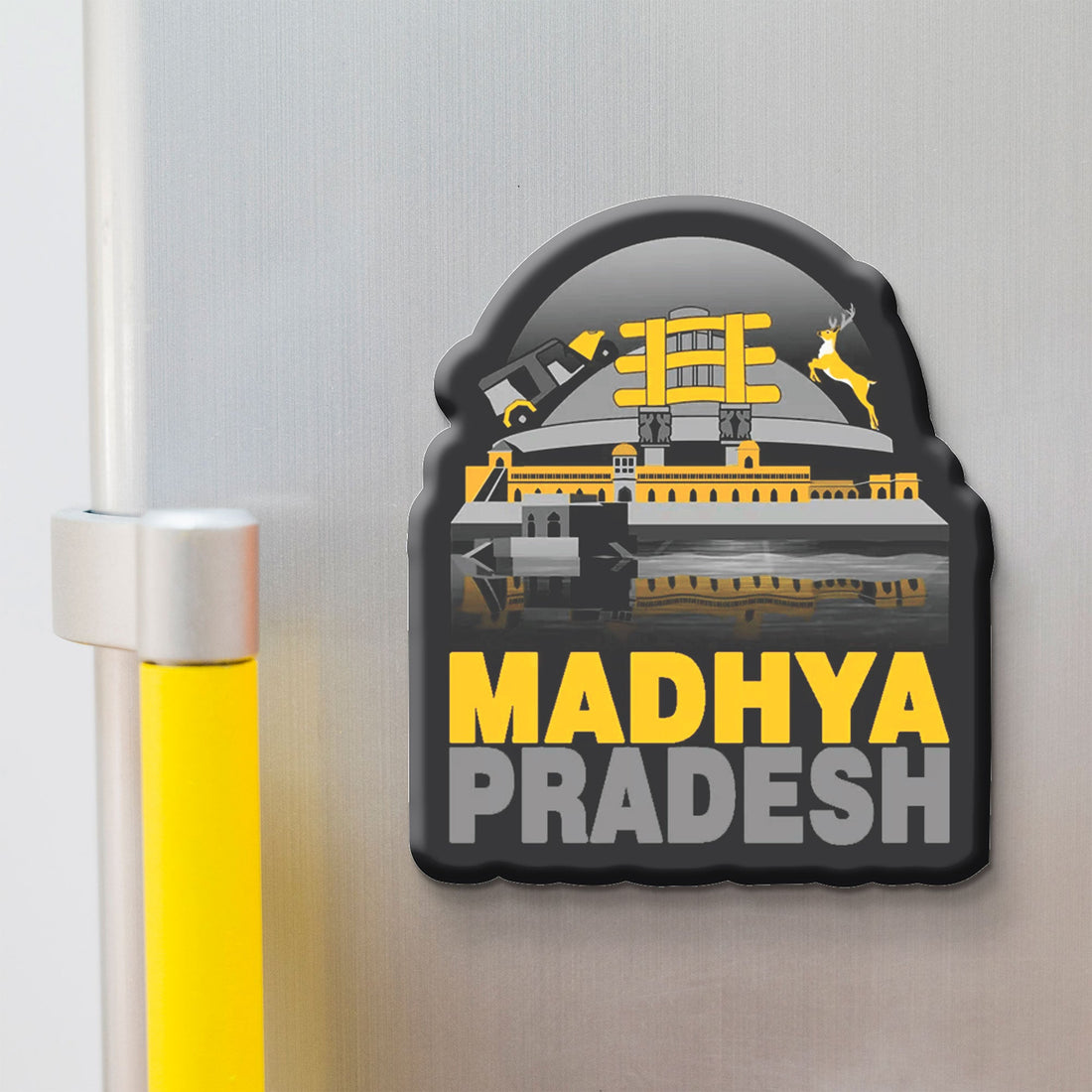Madhya Pradesh wooden fridge magnet with Khajuraho, tiger, and Sanchi Stupa – handcrafted souvenir by Stickerji