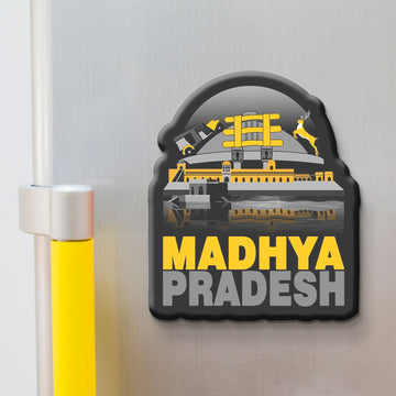 Madhya Pradesh wooden fridge magnet with Khajuraho, tiger, and Sanchi Stupa – handcrafted souvenir by Stickerji