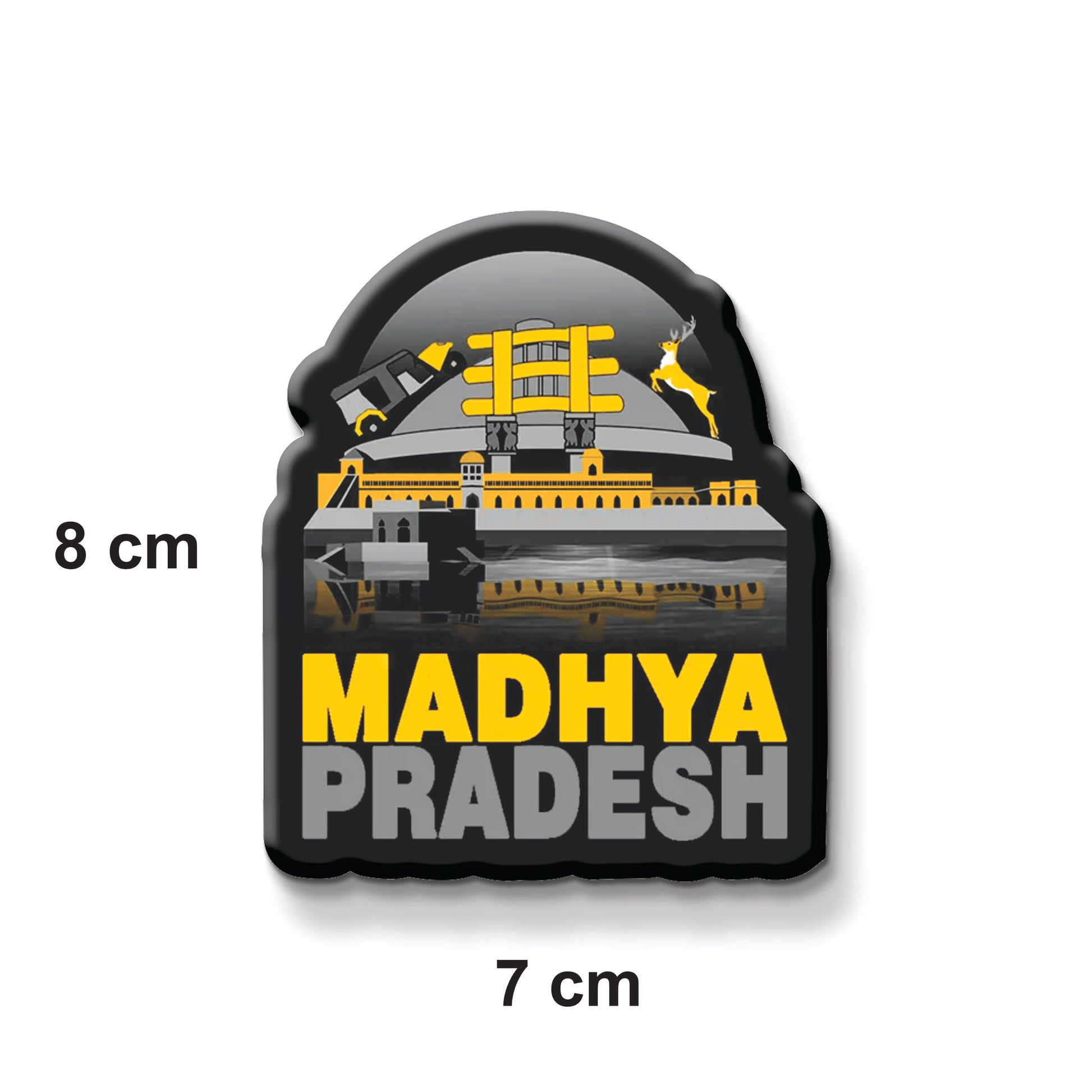 Magnet of Madhya Pradesh with architectural design and measurements on a white background