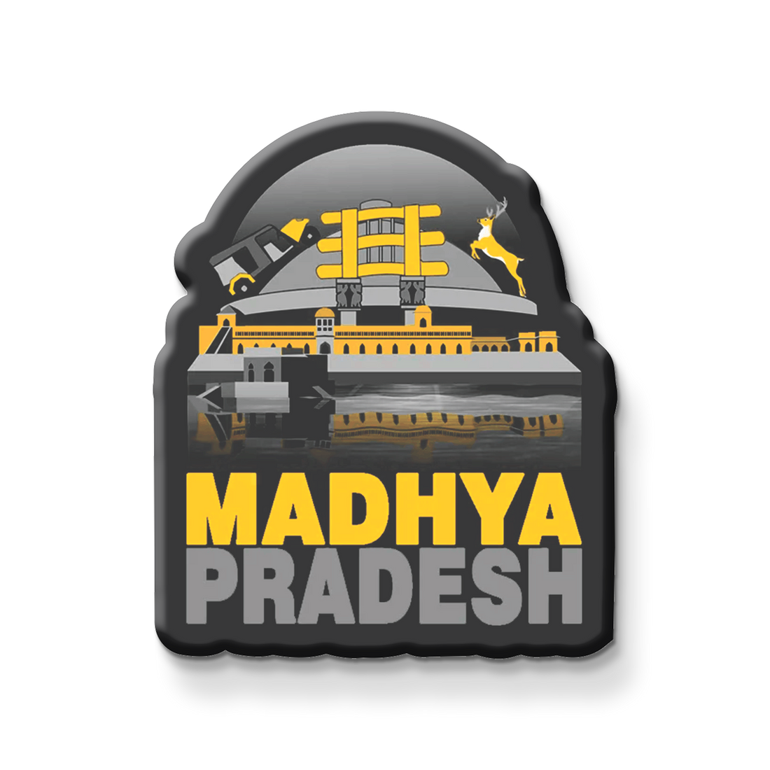 Madhya Pradesh wooden fridge magnet with Khajuraho, tiger, and Sanchi Stupa – handcrafted souvenir by Stickerji