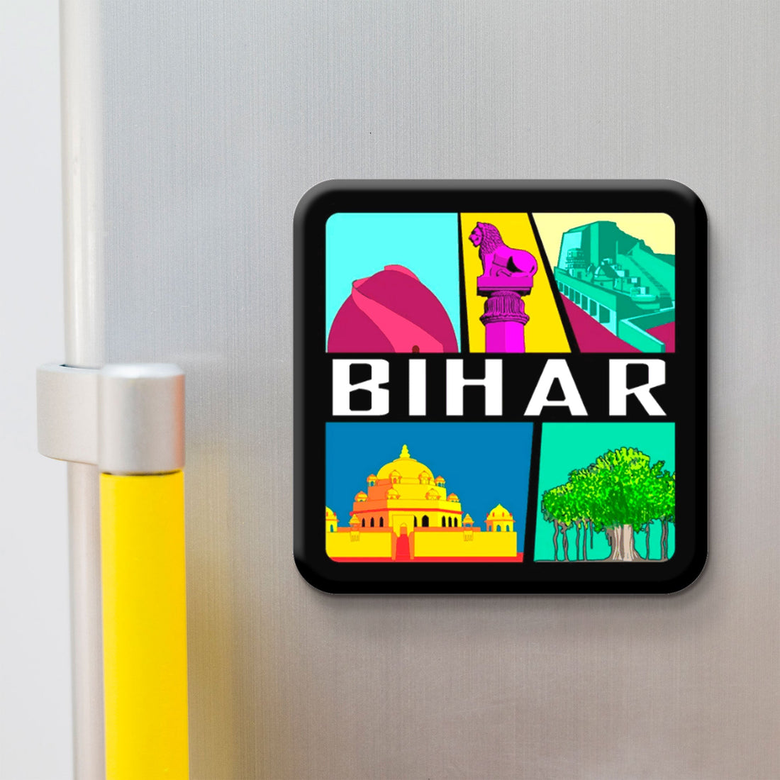 Bihar wooden fridge magnet with Bodh Gaya, Nalanda, and Mahabodhi Temple – handcrafted souvenir by Stickerji