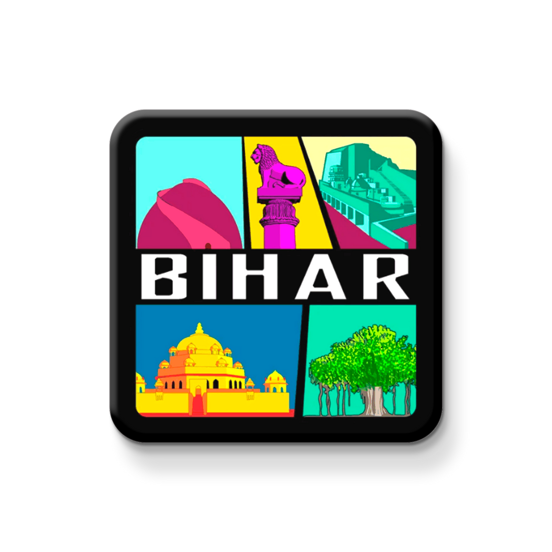 Bihar wooden fridge magnet with Bodh Gaya, Nalanda, and Mahabodhi Temple – handcrafted souvenir by Stickerji