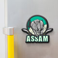 Assam wooden fridge magnet with rhinoceros, tea gardens, and Kaziranga – handcrafted souvenir by Stickerji