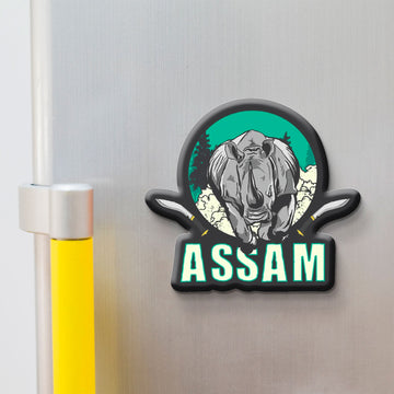 Assam wooden fridge magnet with rhinoceros, tea gardens, and Kaziranga – handcrafted souvenir by Stickerji