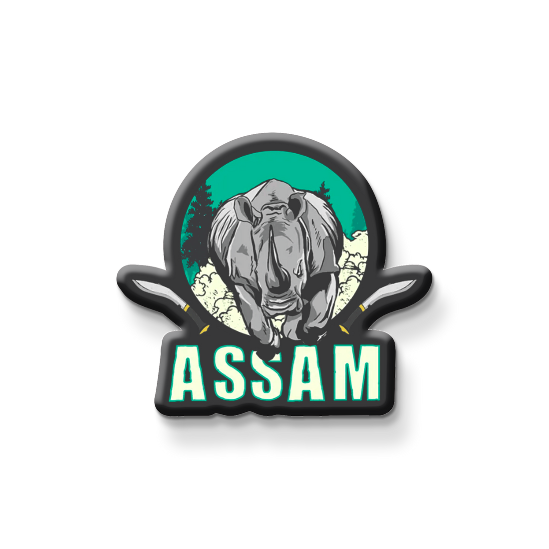Assam wooden fridge magnet with rhinoceros, tea gardens, and Kaziranga – handcrafted souvenir by Stickerji