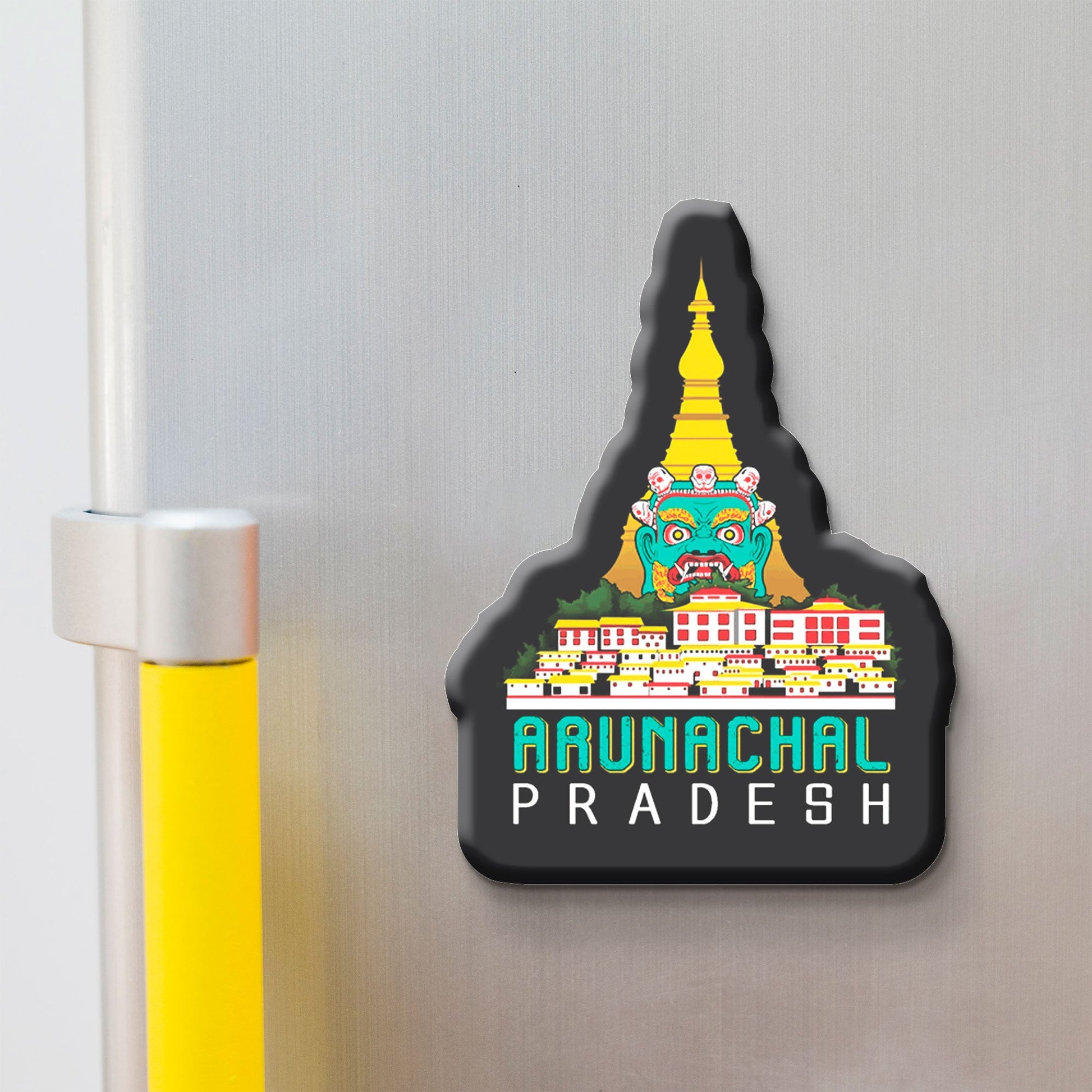 Arunachal Pradesh wooden fridge magnet with Tawang Monastery, mountains, tribal culture – handcrafted souvenir by Stickerji