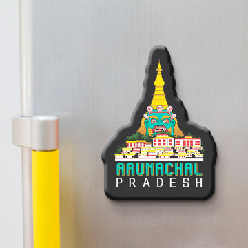 Arunachal Pradesh wooden fridge magnet with Tawang Monastery, mountains, tribal culture – handcrafted souvenir by Stickerji