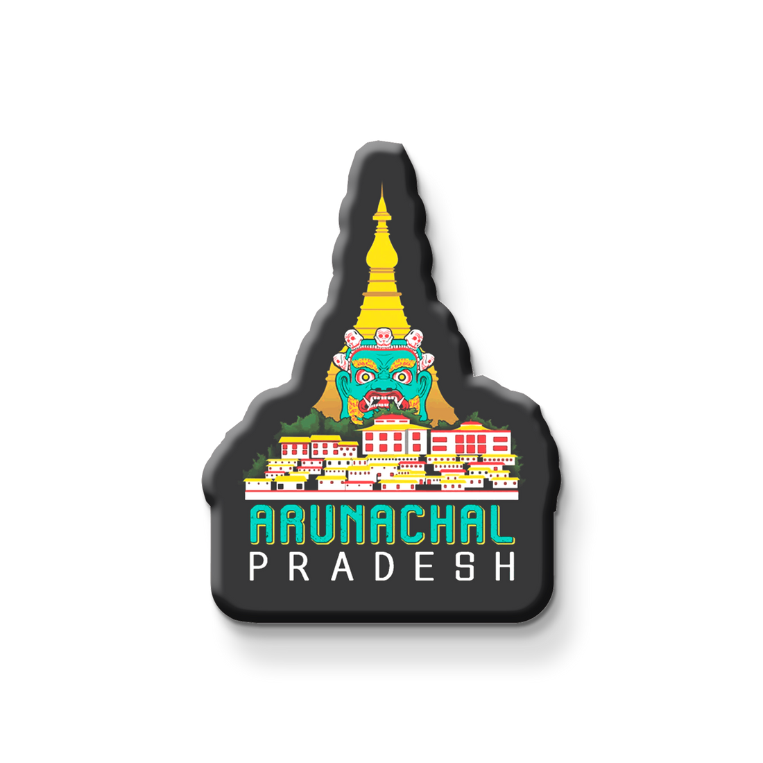 Arunachal Pradesh wooden fridge magnet with Tawang Monastery, mountains, tribal culture – handcrafted souvenir by Stickerji