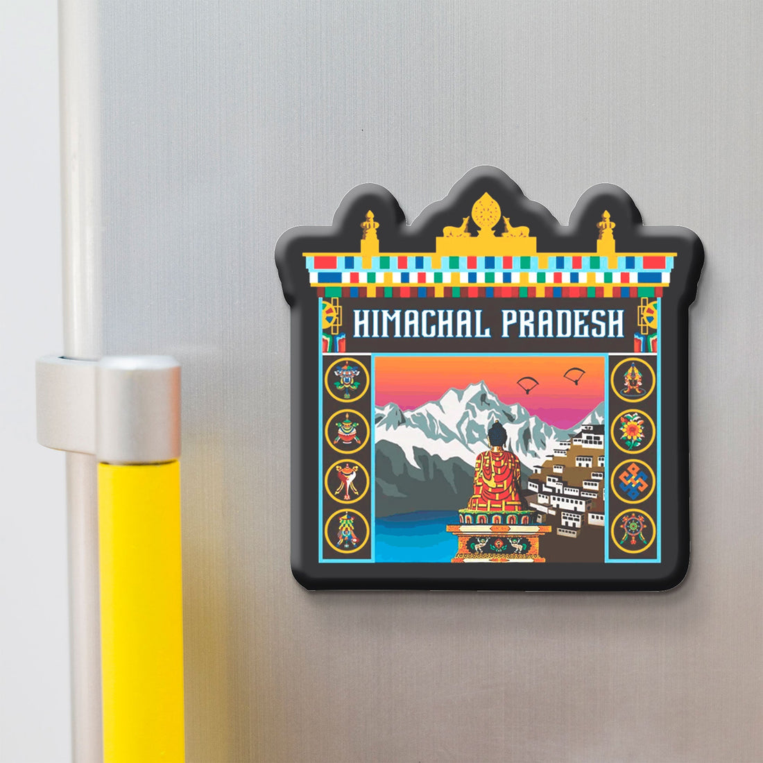 Fridge magnet with Himachal Pradesh design on a metallic surface