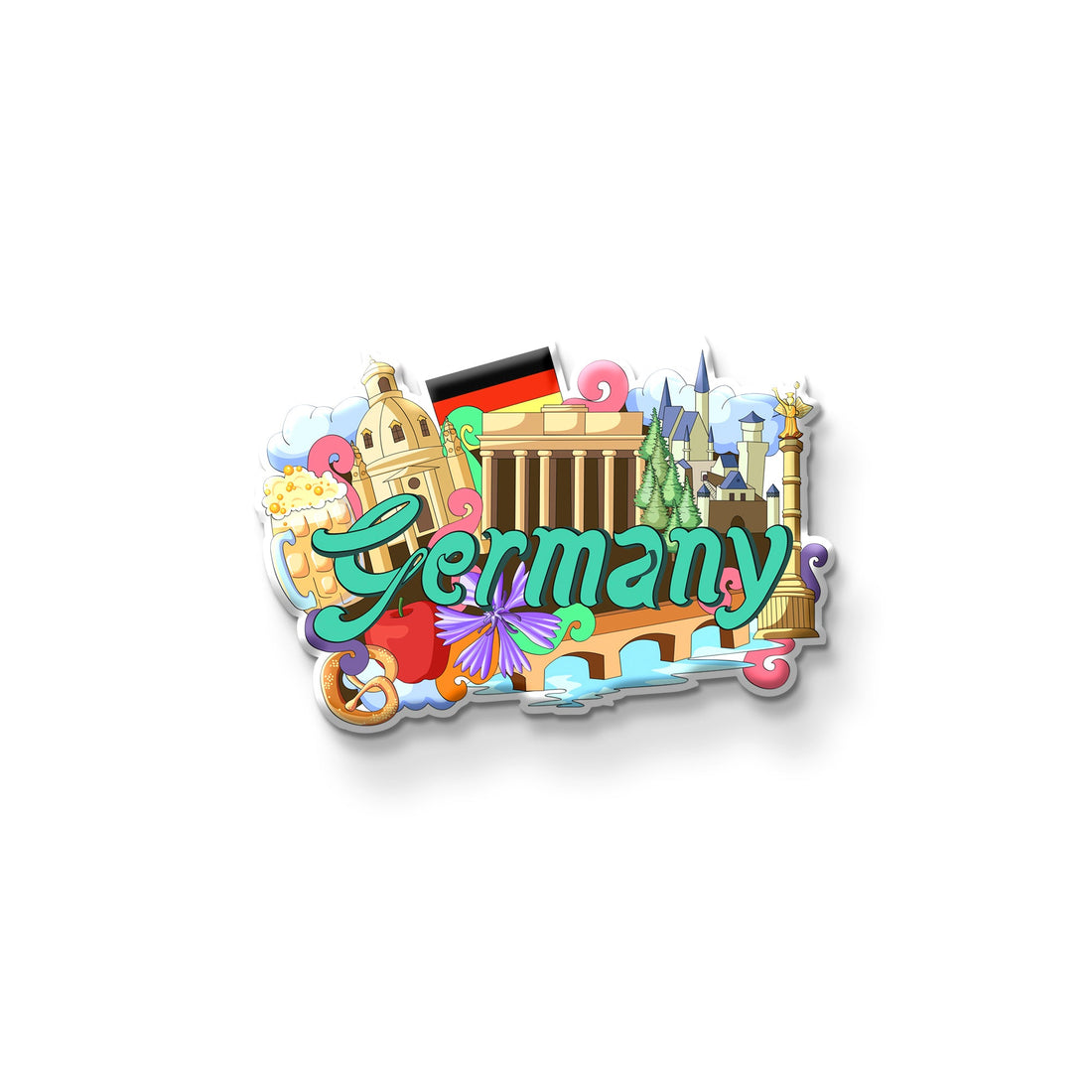 Fridge magnet with German-themed design on a refrigerator