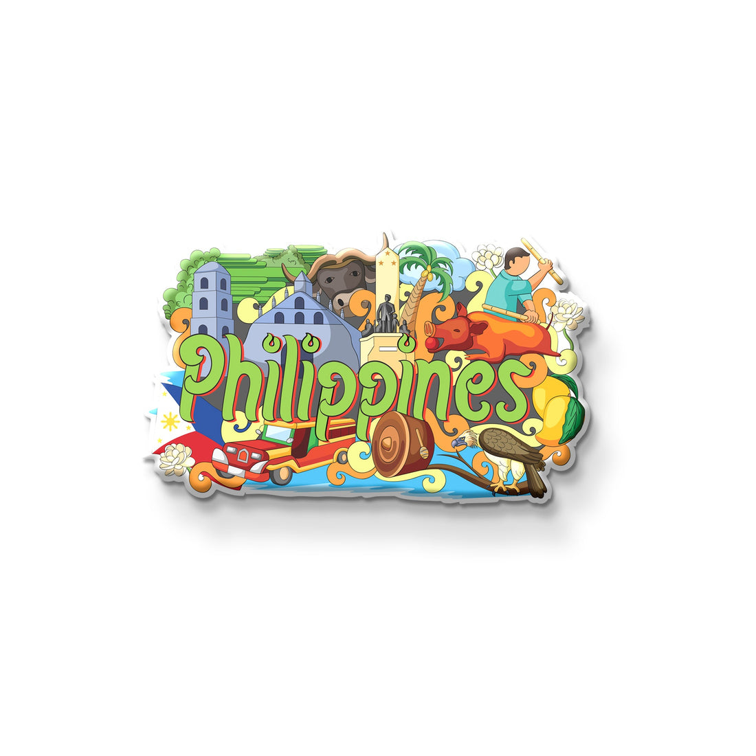 Colorful 'Philippines' magnet with various symbols on a refrigerator.