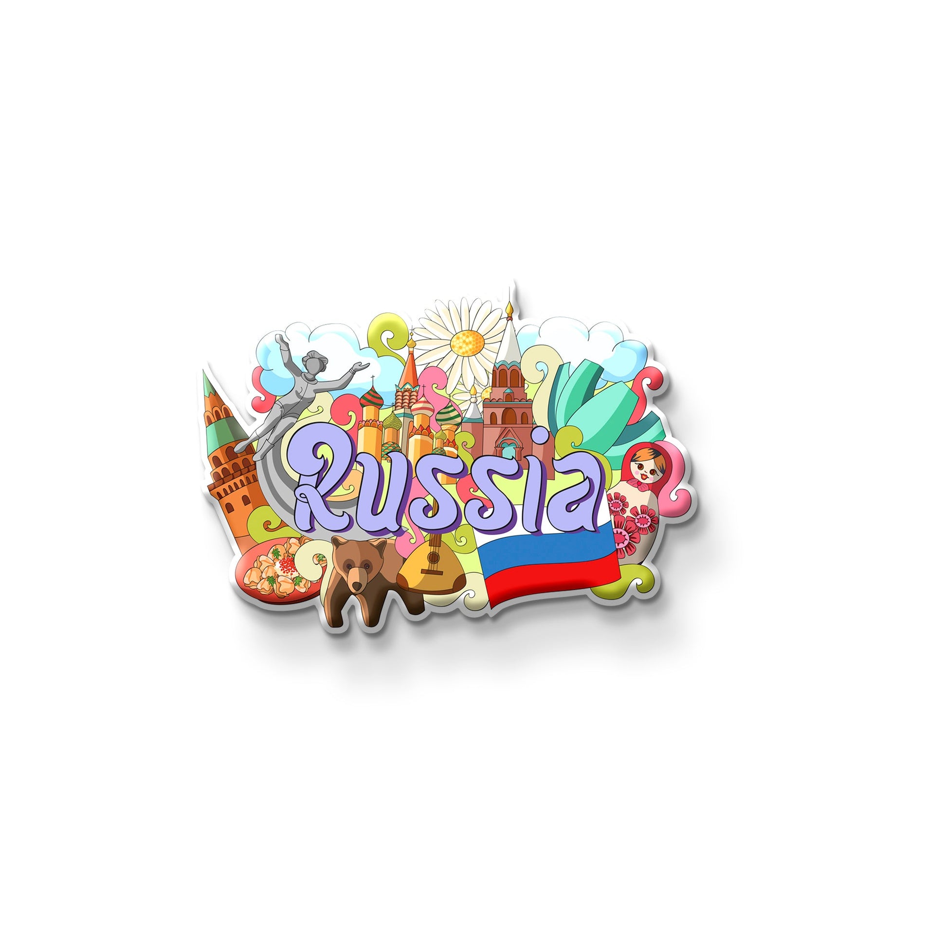 Russia wooden fridge magnet design - Kremlin, Russian bear and flag souvenir magnet by Stickerji