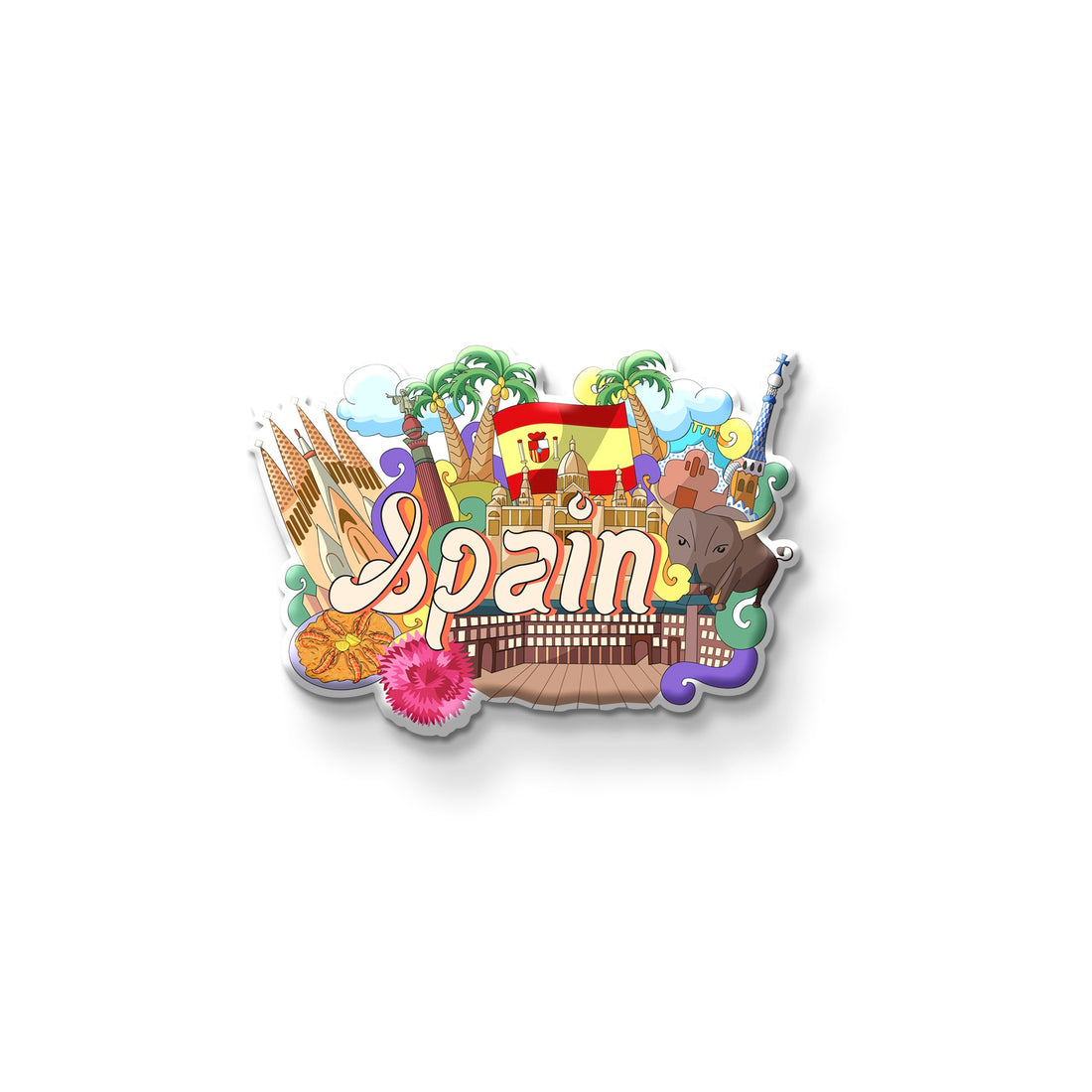 Fridge magnet with Spanish-themed design on a refrigerator