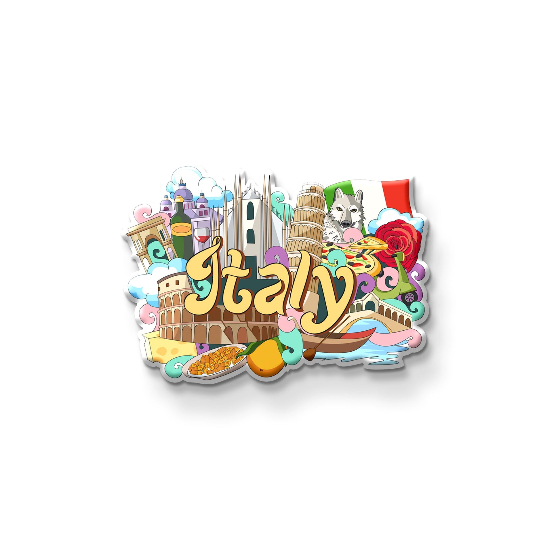 Italy wooden fridge magnet front view – colorful Italy souvenir with Colosseum and Italian landmarks