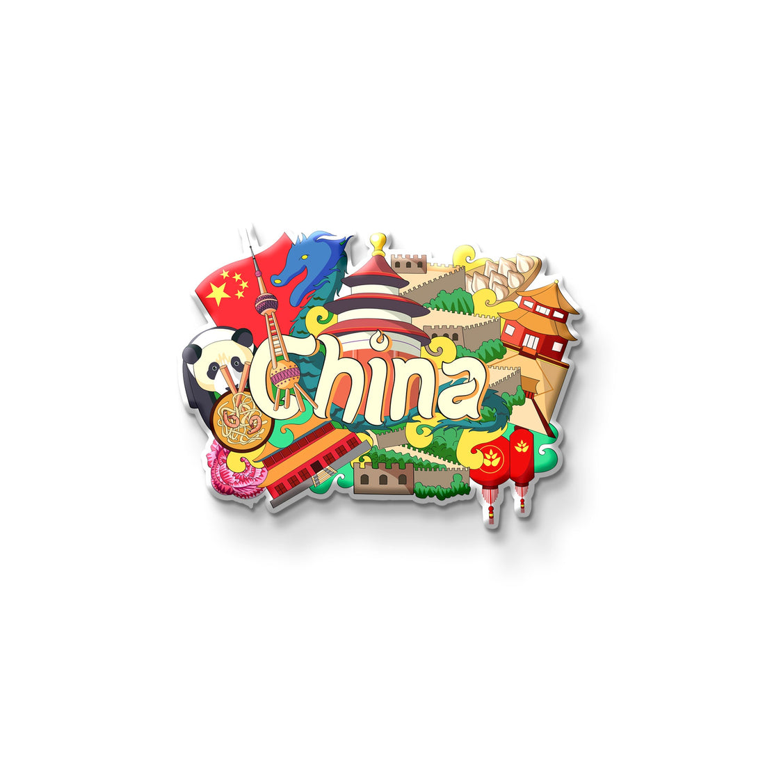 Colorful 'China' themed magnet on a refrigerator