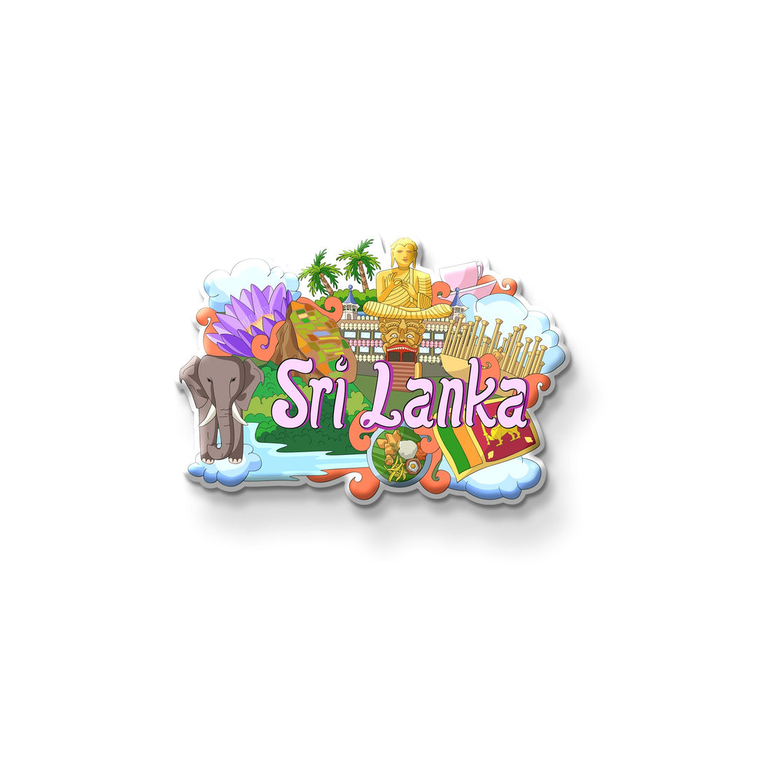 Fridge magnet with Sri Lanka-themed design featuring an elephant, Buddha statue, and traditional architecture on a metallic surface.