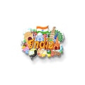 India fridge magnet design featuring Taj Mahal, auto rickshaw, peacock, tabla and Indian cultural symbols on white background