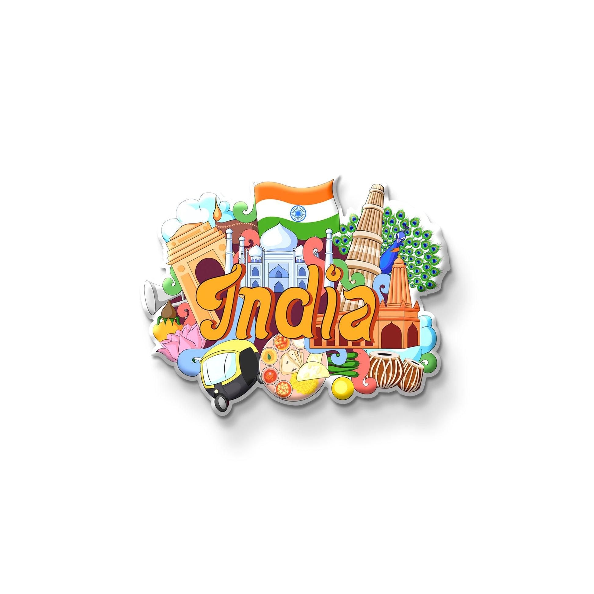 India fridge magnet design featuring Taj Mahal, auto rickshaw, peacock, tabla and Indian cultural symbols on white background