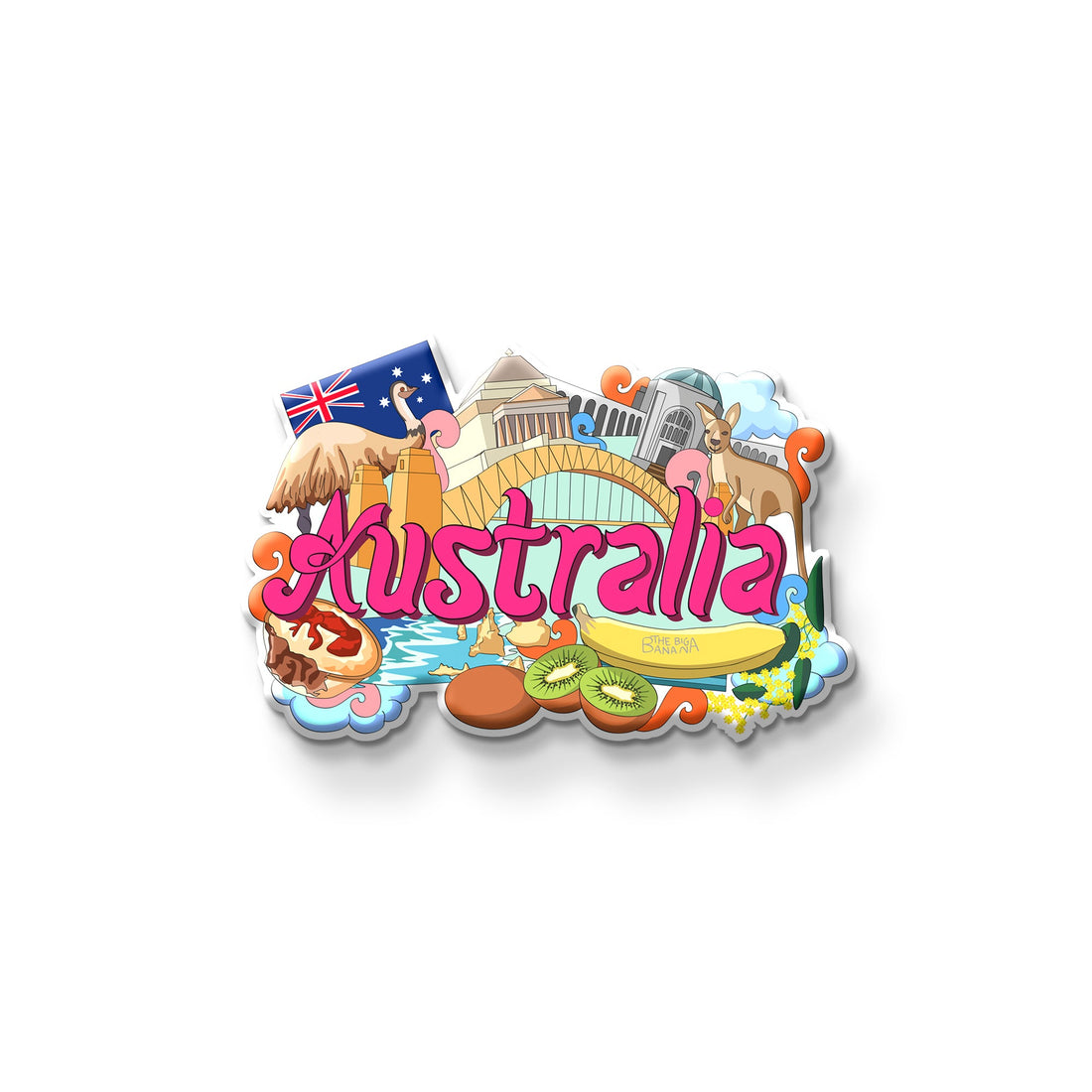 Fridge magnet with 'Australia' text and various icons on a metallic surface