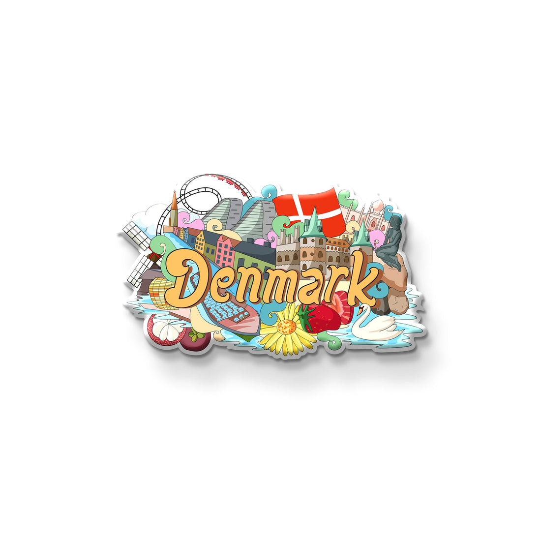 Stickerji Denmark Wooden Fridge Magnet displayed on a refrigerator – colorful souvenir travel gift