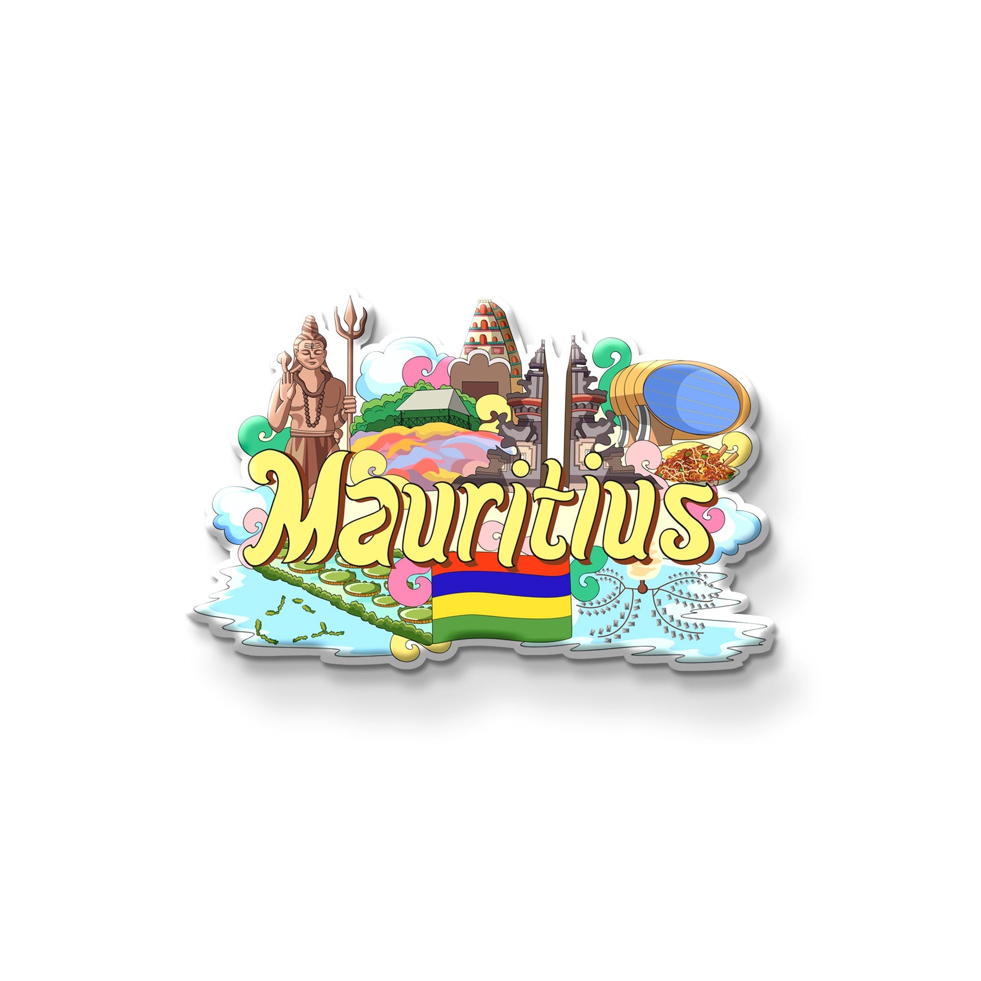 Mauritius wooden fridge magnet front view – colourful MDF souvenir with island artwork and flag
