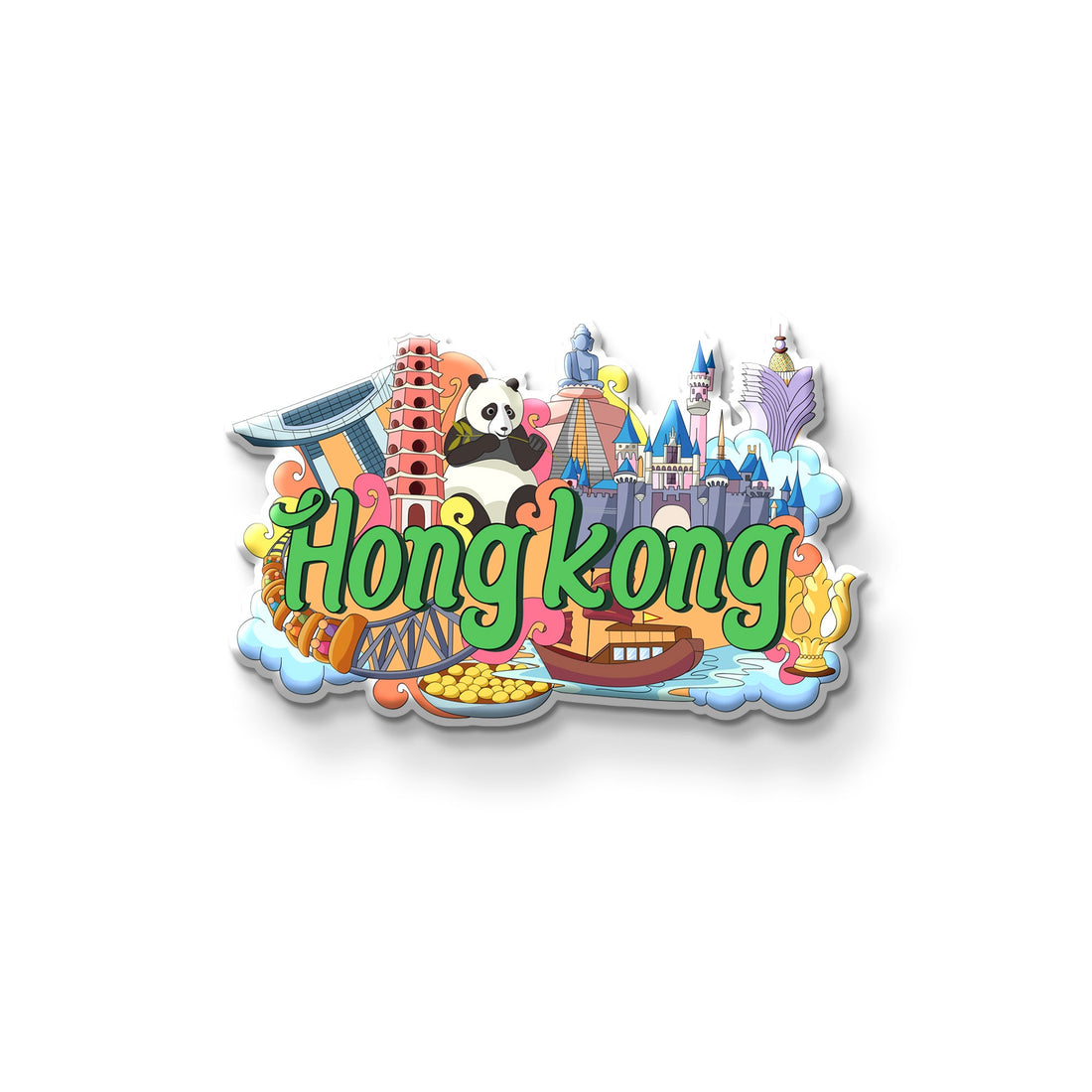 Colorful Hong Kong-themed magnet on a refrigerator door.
