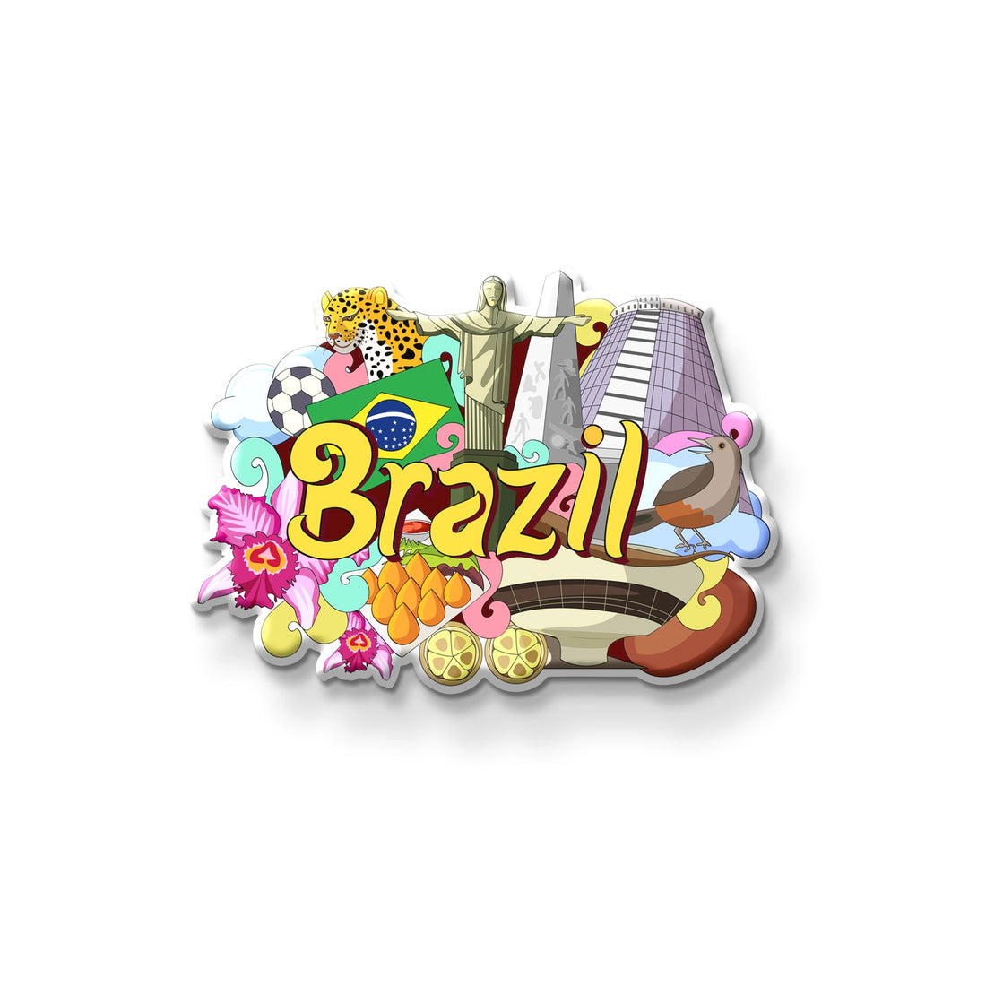 Colorful Brazil-themed fridge magnet on a refrigerator door