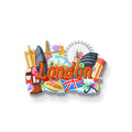 London wooden fridge magnet close-up showing vibrant London landmark icons including Big Ben, red bus and Union Jack – Stickerji souvenir gift