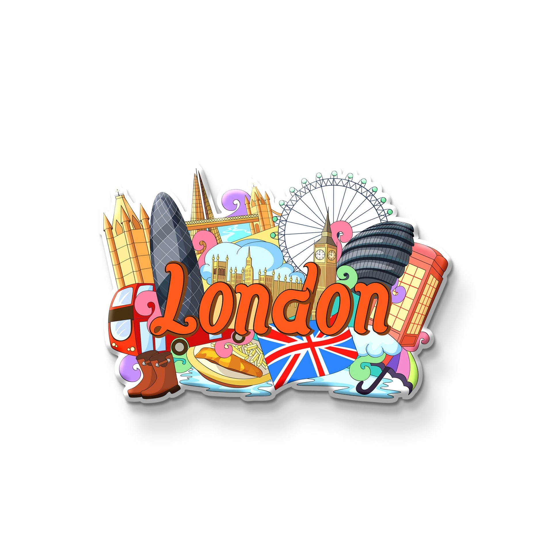 London wooden fridge magnet close-up showing vibrant London landmark icons including Big Ben, red bus and Union Jack – Stickerji souvenir gift