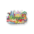 Malaysia wooden fridge magnet front view – colourful Petronas Towers and landmarks souvenir design