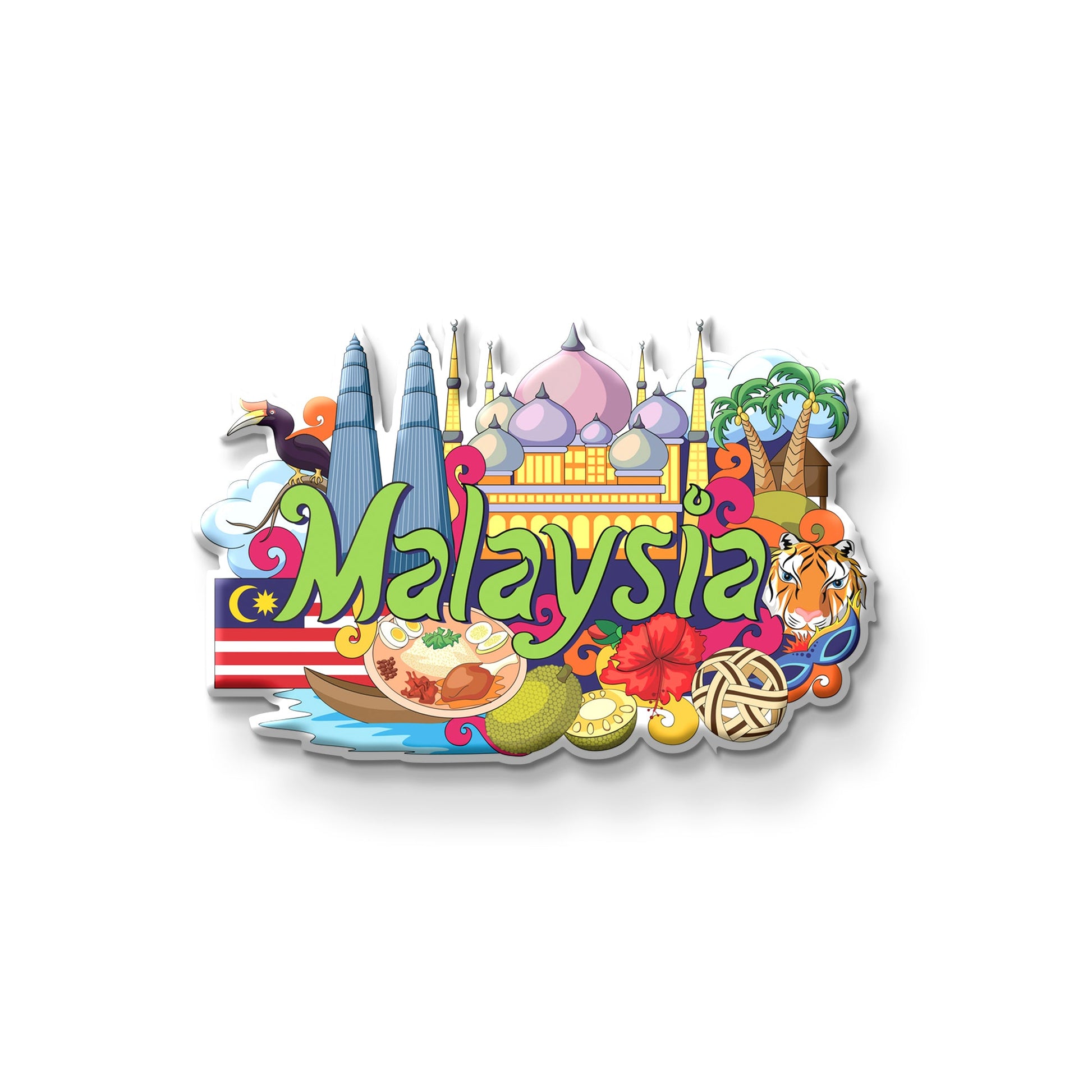 Malaysia wooden fridge magnet front view – colourful Petronas Towers and landmarks souvenir design