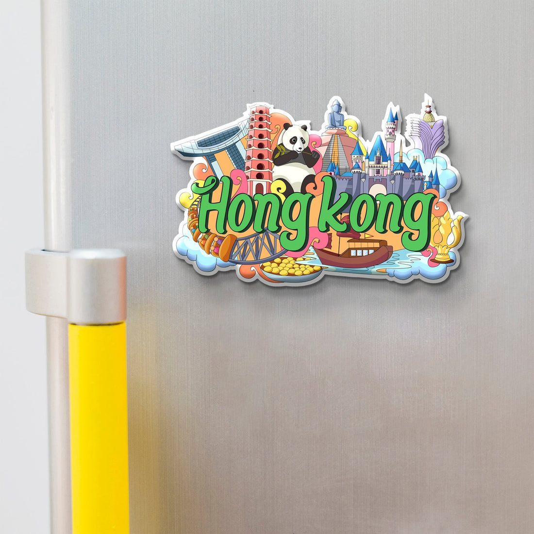 Colorful Hong Kong-themed magnet on a refrigerator door.