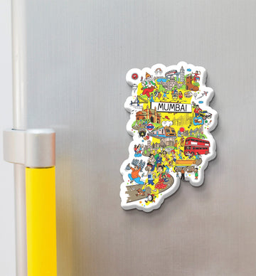 Mumbai wooden fridge magnet with Gateway of India, Marine Drive, Bollywood icons – handcrafted souvenir by Stickerji