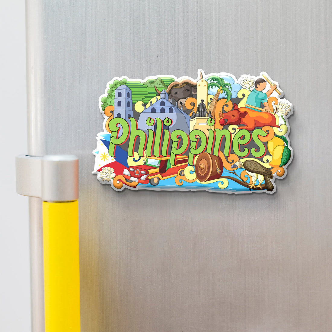 Colorful 'Philippines' magnet with various symbols on a refrigerator.