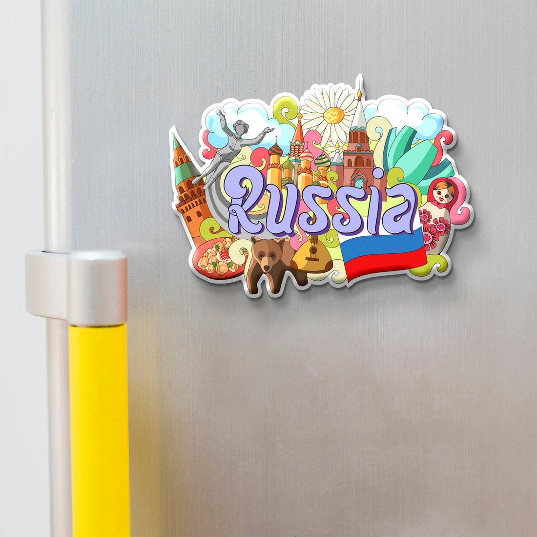 Stickerji Russia Wooden Fridge Magnet displayed on refrigerator - colorful Russia souvenir gift