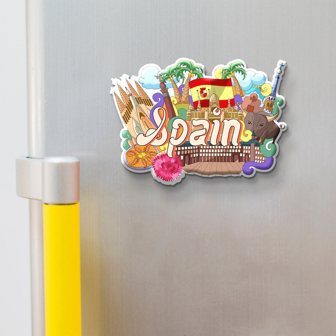 Fridge magnet with Spanish-themed design on a refrigerator