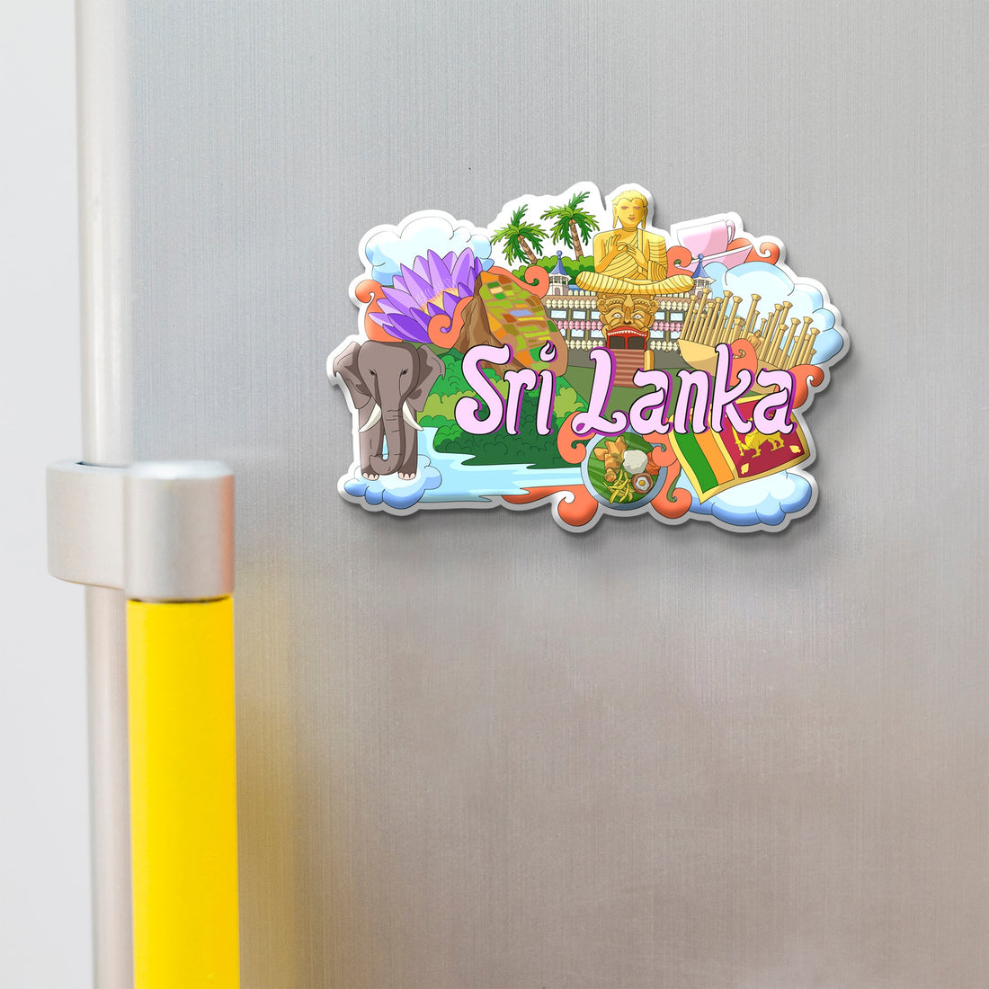 Fridge magnet with Sri Lanka-themed design featuring an elephant, Buddha statue, and traditional architecture on a metallic surface.