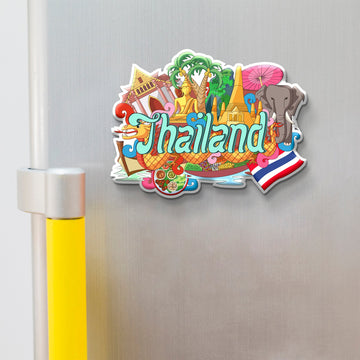 Stickerji Thailand wooden fridge magnet displayed on refrigerator – colorful MDF souvenir with Thai landmarks, elephant, temple and Thailand flag