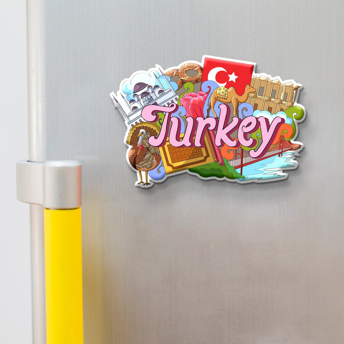 Turkey wooden fridge magnet on refrigerator – Stickerji handcrafted MDF souvenir with Turkish flag and landmarks