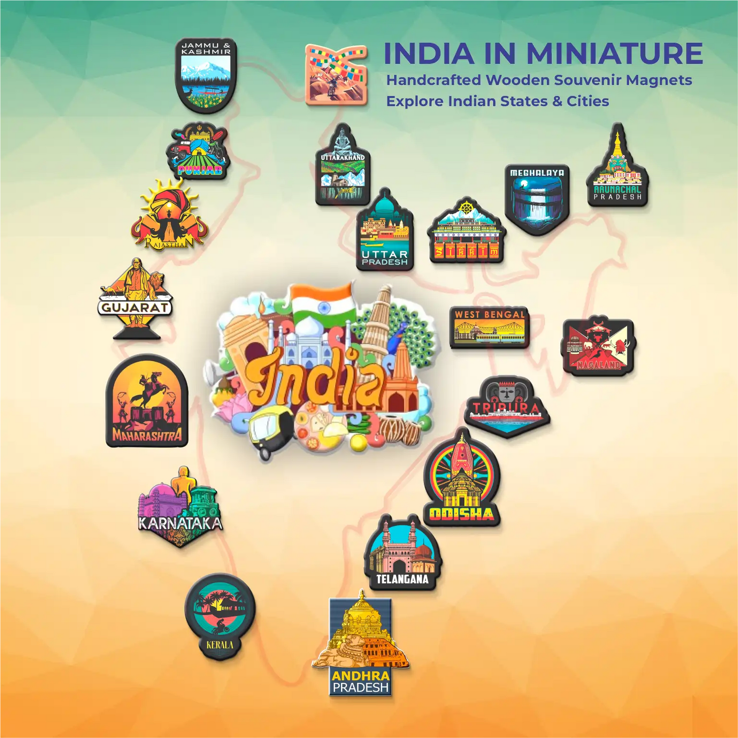 Collection of handcrafted wooden souvenir magnets representing Indian states and cities on a gradient background.
